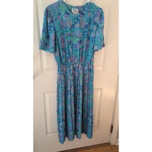 Vintage Lady Carol Pleated Maxi Dress Size 12, Hidden Button, Blue Purple Yellow
